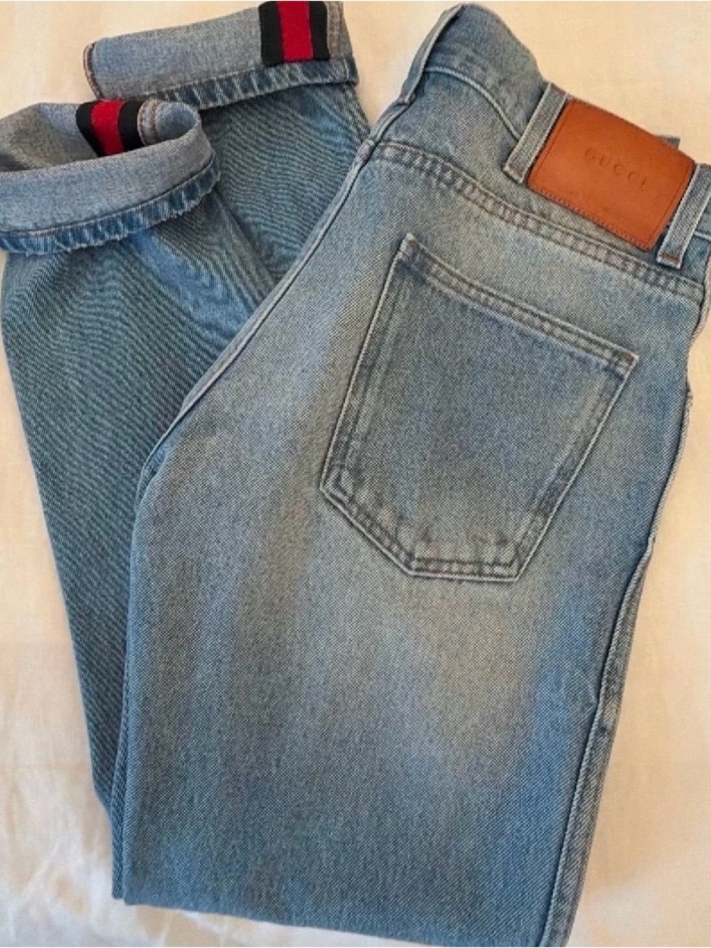 Gucci Light Blue Men’s Straight Jeans with Signature Web Trim